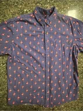 Molokai Surf Co. Mens XLarge Button Up Shirt Navy Pink Flamingos
